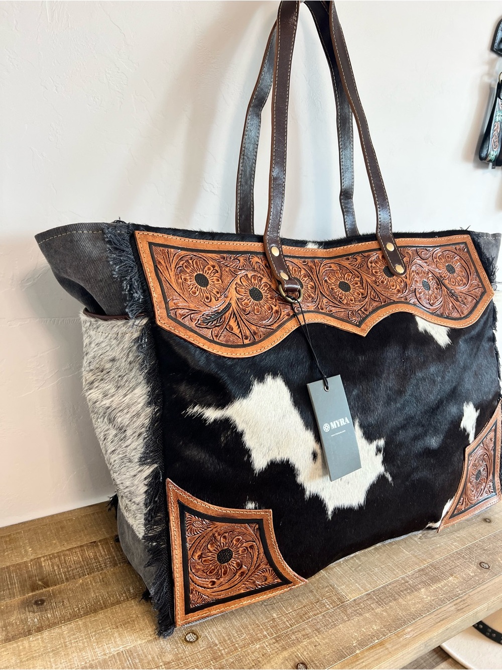 Myra Bag Cowhide Weekender Tooled Leather XL Boho Travel Duffel Western Carry On - Picture 8 of 12